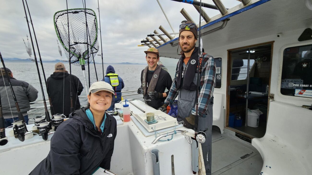 Volunteer biological assistant Laura Jost pictured with Ryan Fields and Dylan Gomes on a Cascade Head Hook-and-Line Survey.