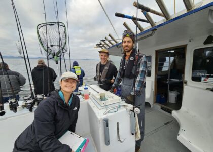 Volunteer biological assistant Laura Jost pictured with Ryan Fields and Dylan Gomes on a Cascade Head Hook-and-Line Survey.